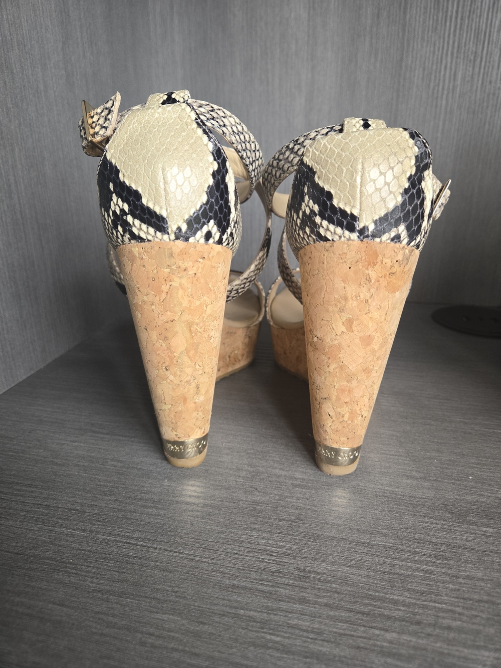 Jimmy Choo Snake-Print Cork Wedge Sandals in Black and Cream - Picture 3 of 5